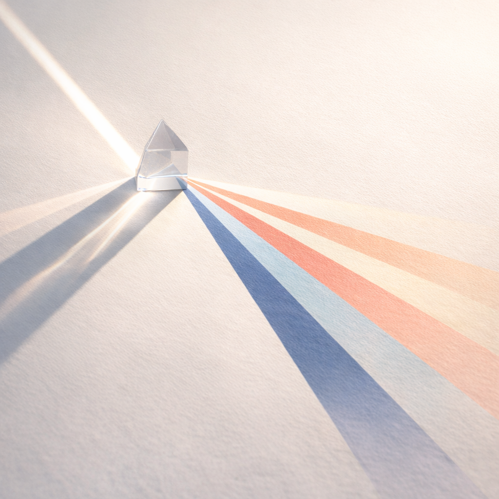 Prism refracting light into dark blue, light blue, coral and beige tones symbolising ADHD traits including creativity, focus and cognitive flexibility