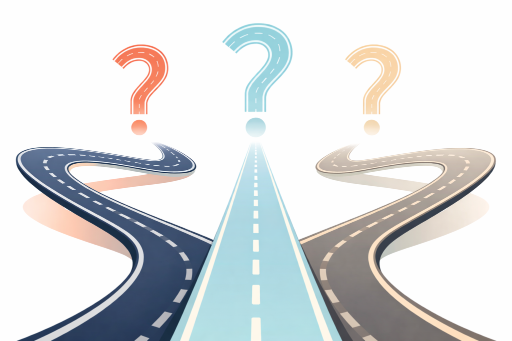 Career direction concept image with multiple pathways and question marks in dark blue, light blue, coral, grey and beige representing career choice and decision making.