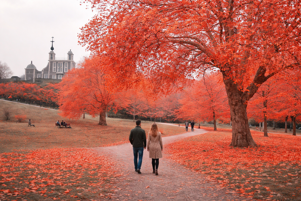 Couple walking through Greenwich Park during outdoor therapy in SE10 supporting clients in Greenwich and Blackheath SE3