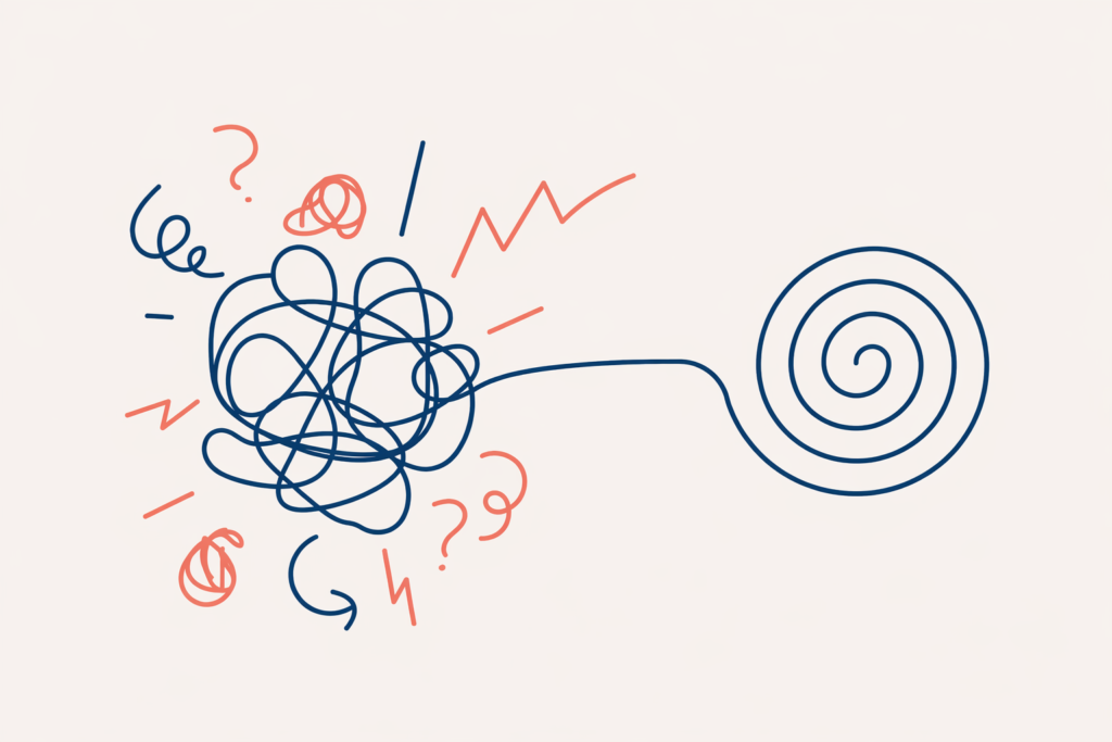 Illustration of tangled thoughts becoming clear spiral symbolising overthinking support through Walk and Talk therapy in Greenwich and Blackheath