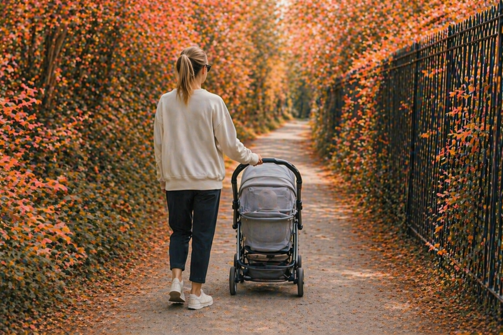 postnatal walk and talk therapy in Greenwich Park with parent walking with pram supporting emotional wellbeing after birth