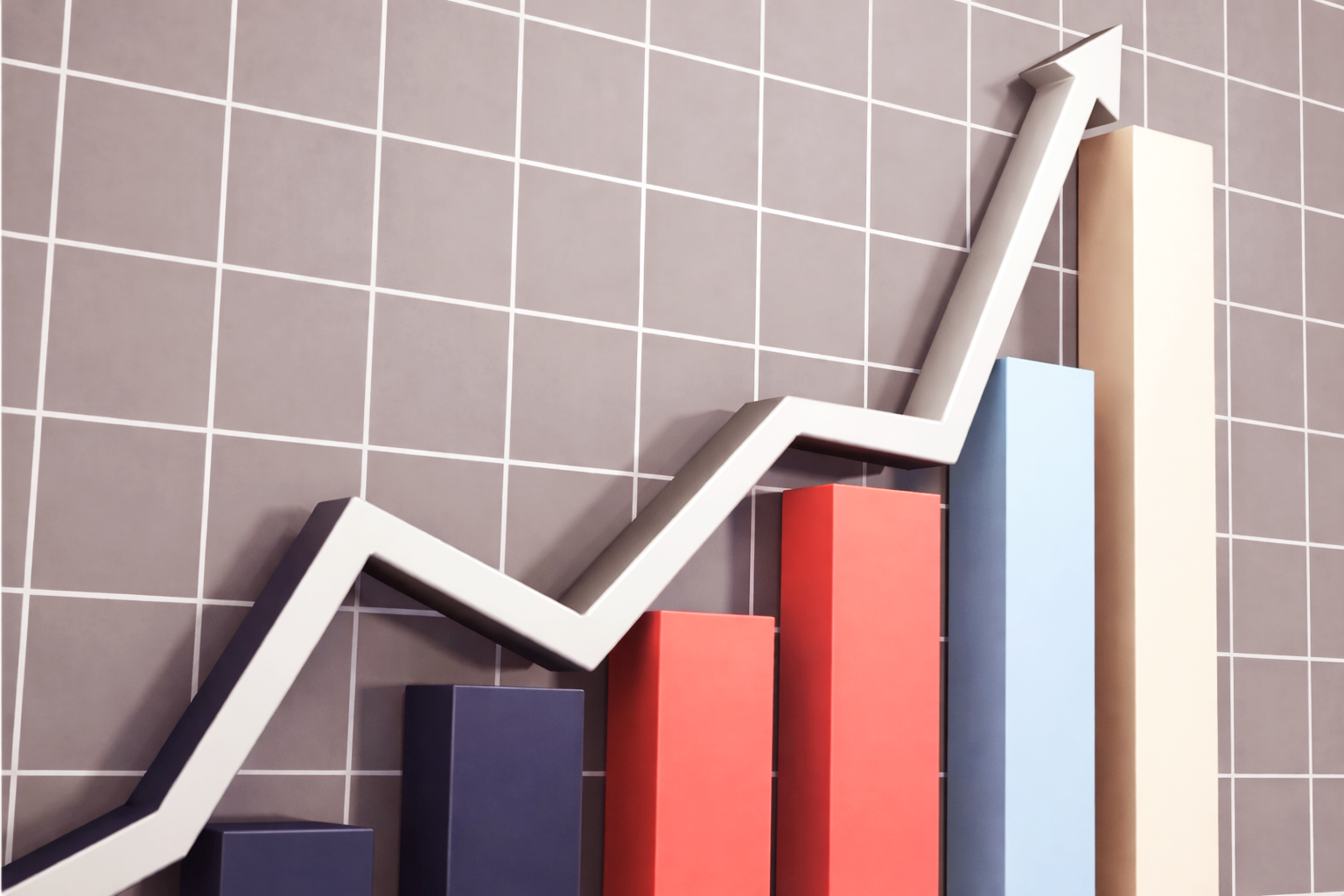 Professional Development concept image showing upward growth graph in navy, coral and pastel blue representing career progress, performance and confidence